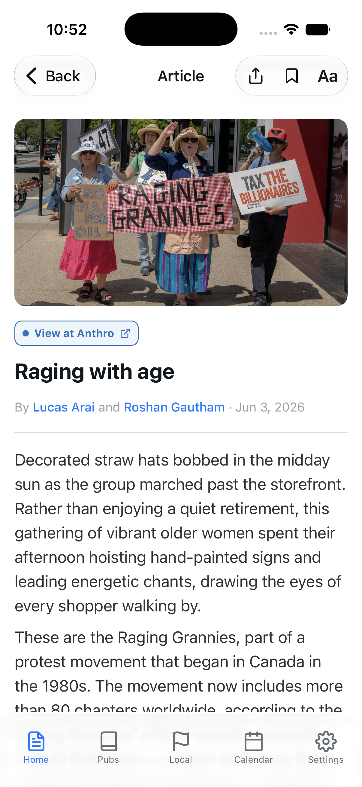 An article open in the reader with share, save, and text size