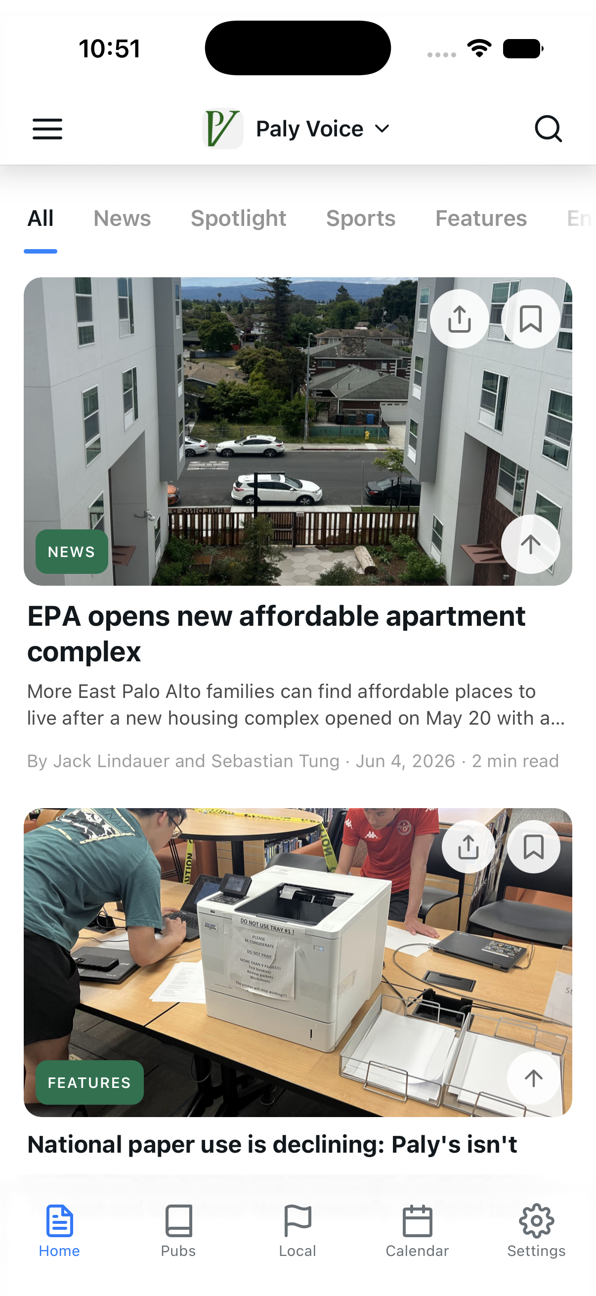A publication feed in the app