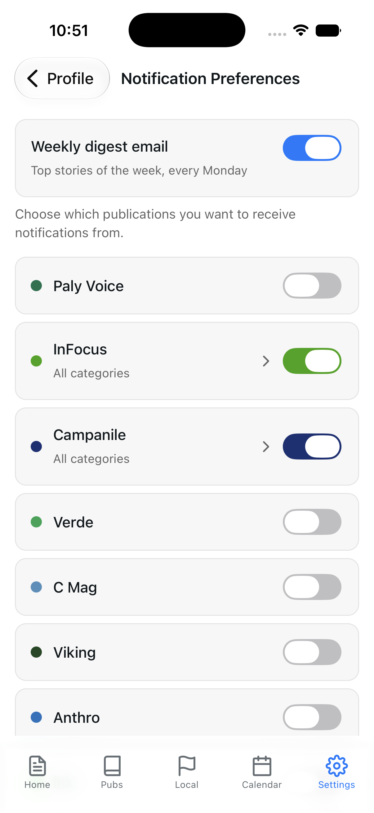 Notification preferences with weekly digest and per-publication toggles