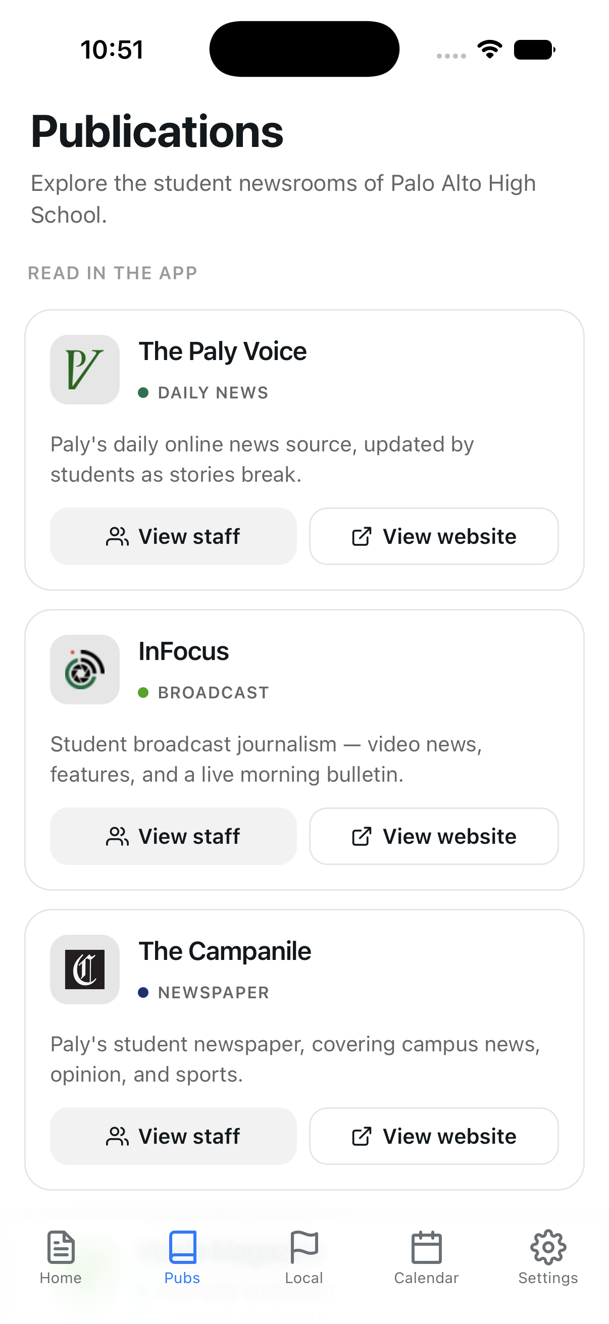 Publications list with staff directory and website buttons