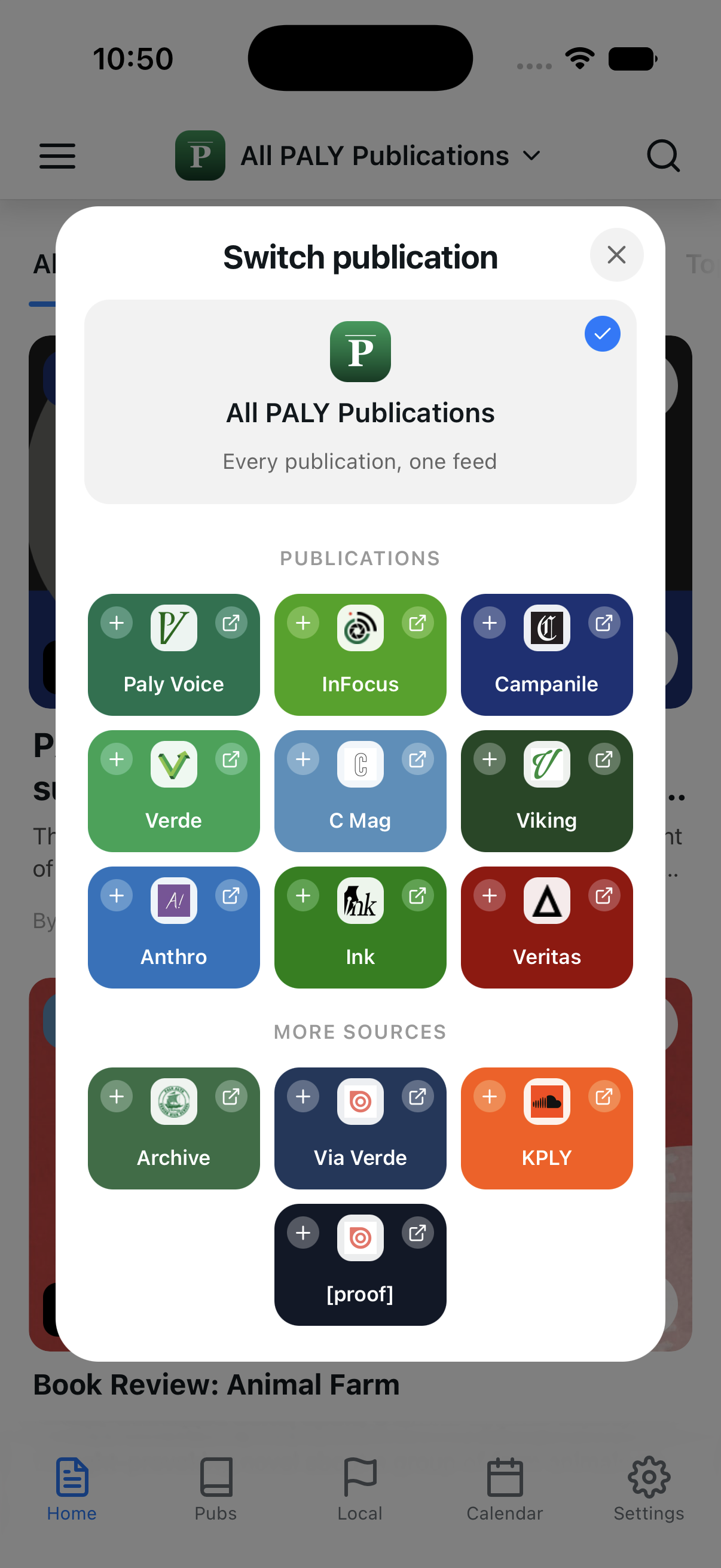Publication switcher listing every masthead